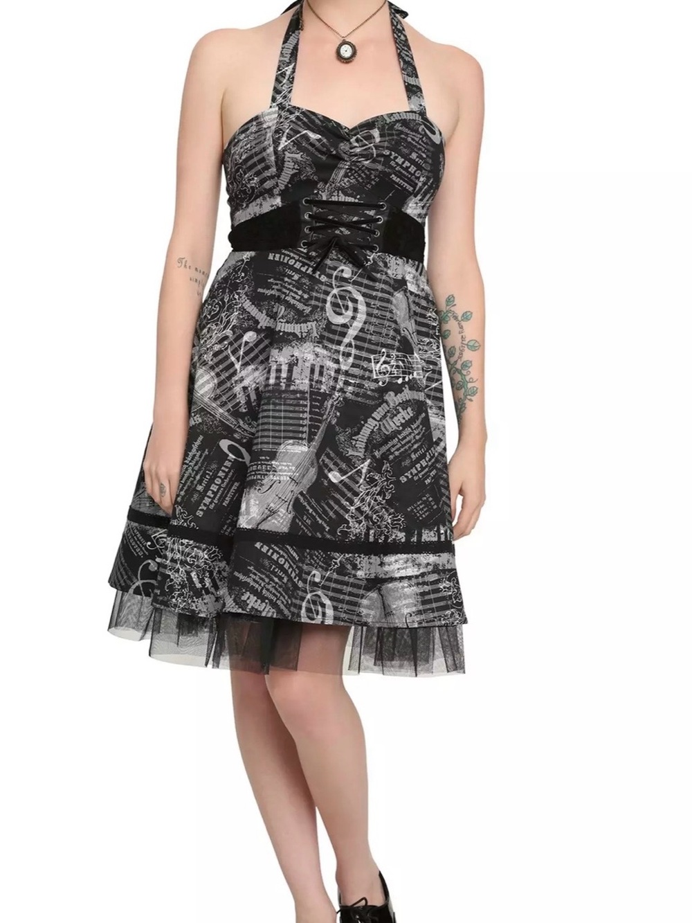 Hot Topic Black & Gray Strapless Music-Print Dress with Corset Waist